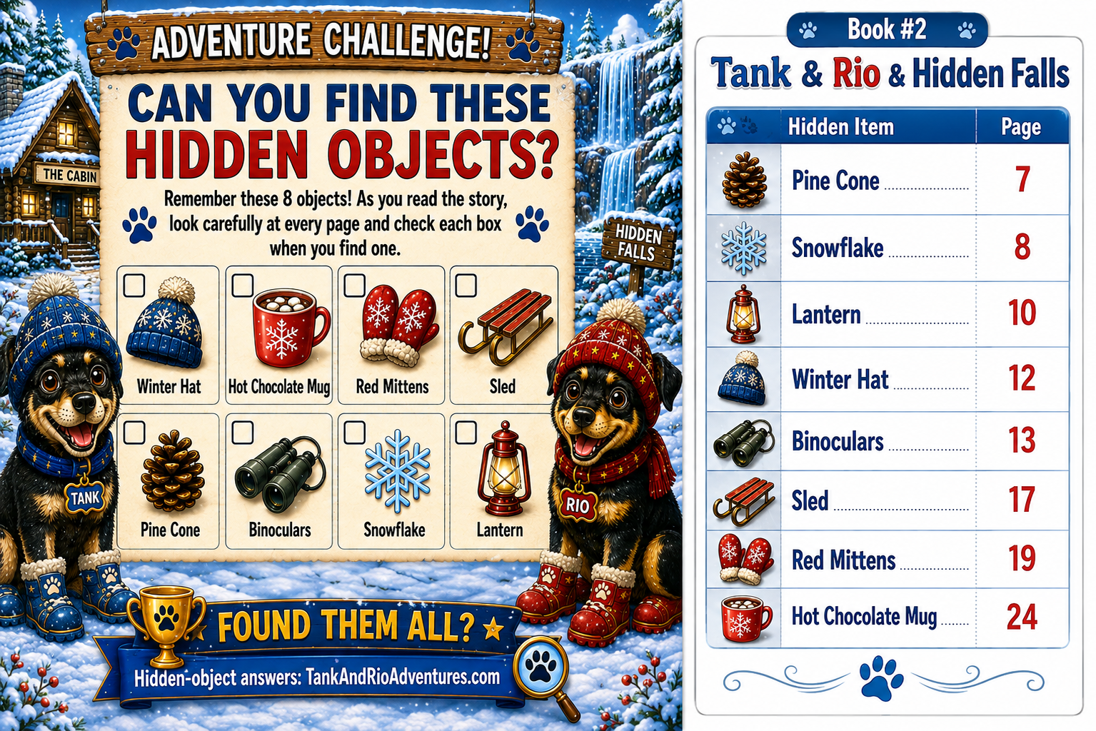 Hidden object answer guide for Book 2 — Tank & Rio & Hidden Falls, showing 8 hidden items and their page locations
