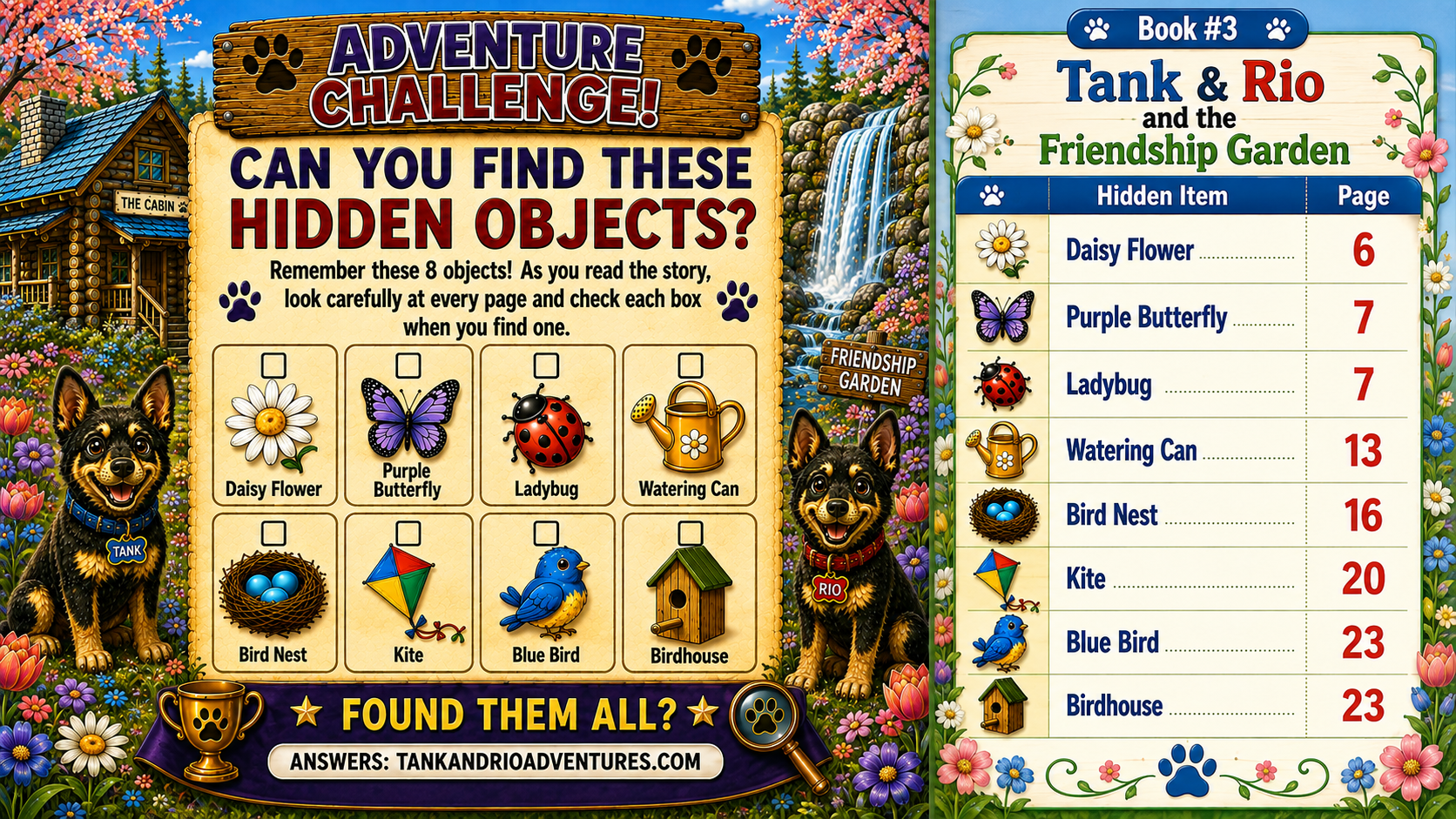 Hidden object answer guide for Book 3 — Tank & Rio and the Friendship Garden, showing 8 hidden items and their page locations