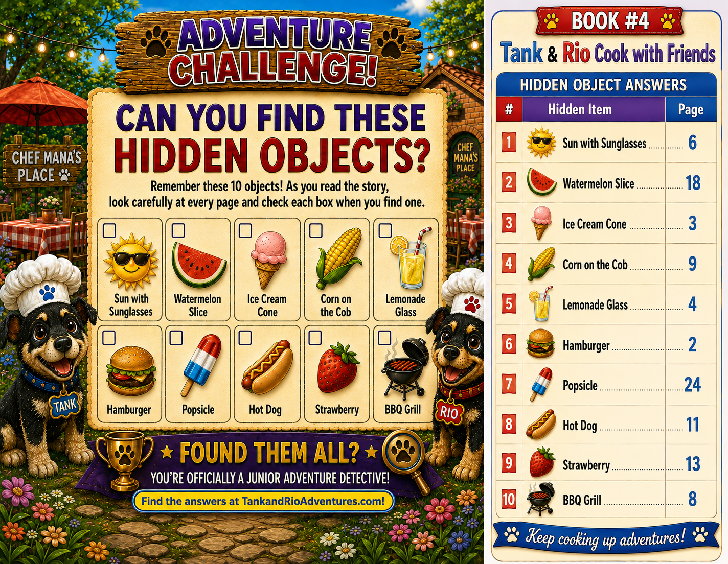 Hidden object answer guide for Book 4 — Tank & Rio Cook with Friends, showing 10 hidden items and their page locations