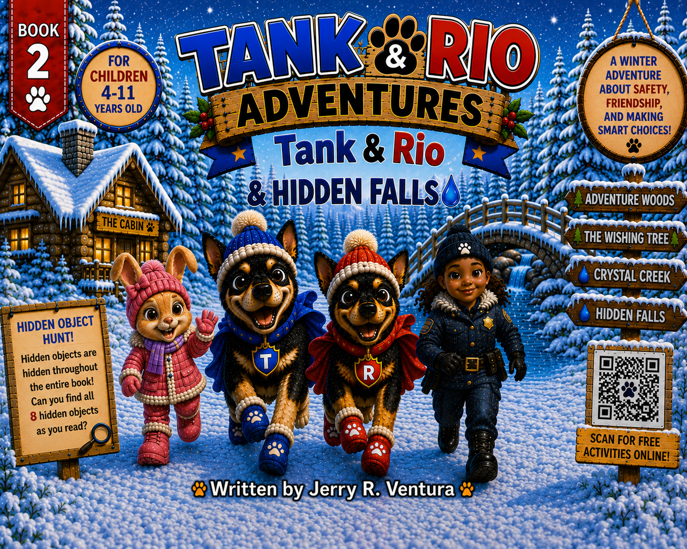 Book 2 cover — Tank & Rio & Hidden Falls, winter adventure with dogs and friends in the snow