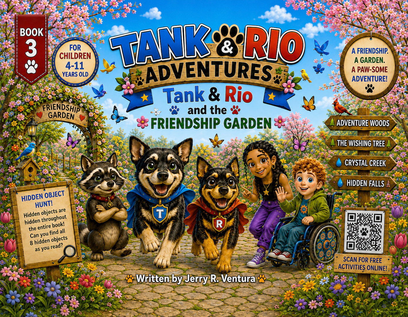 Book 3 cover — Tank & Rio and the Friendship Garden, spring adventure with dogs and friends in a colorful garden