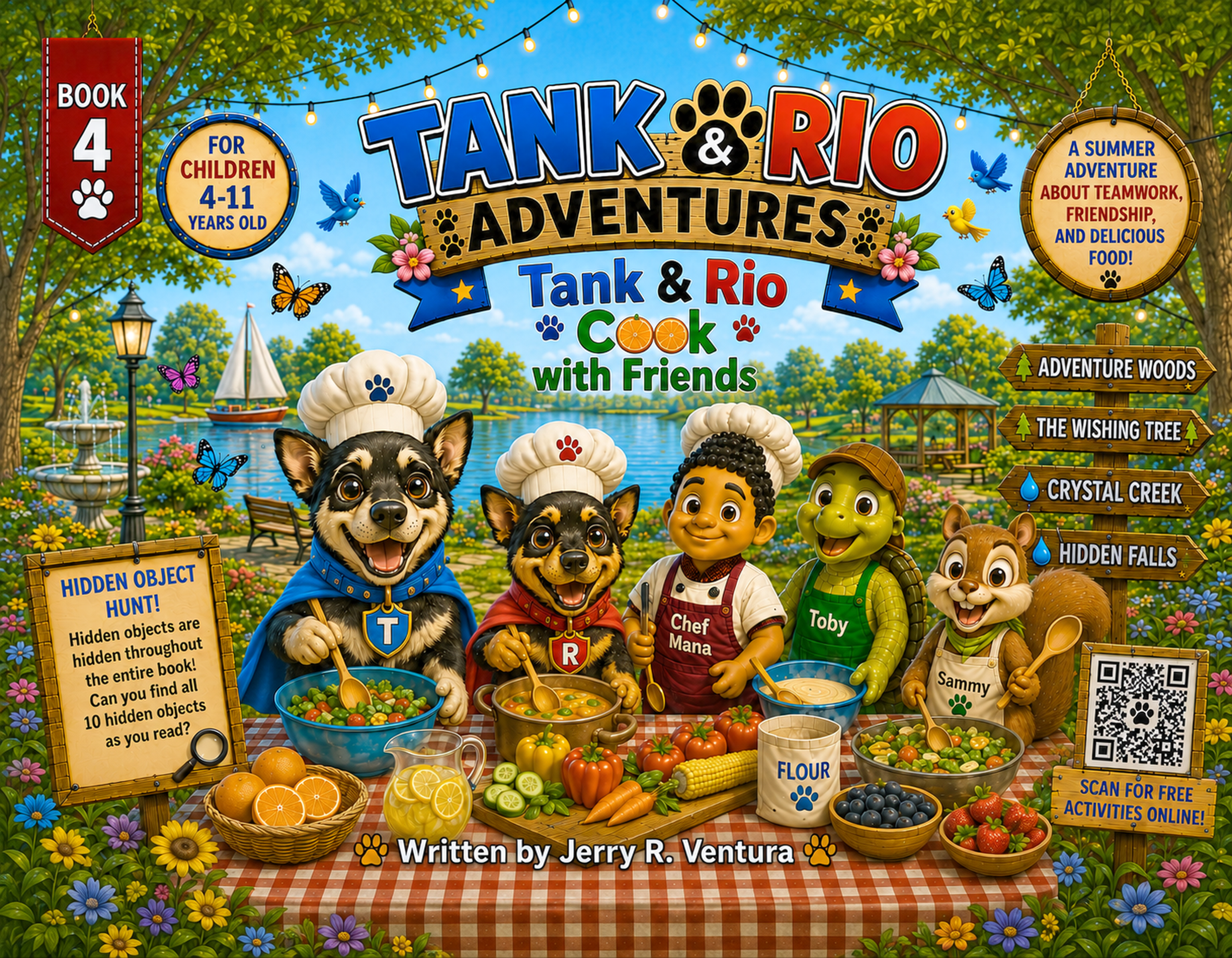 Book 4 cover — Tank & Rio Cook with Friends, summer cooking adventure with dogs and friends at a picnic table