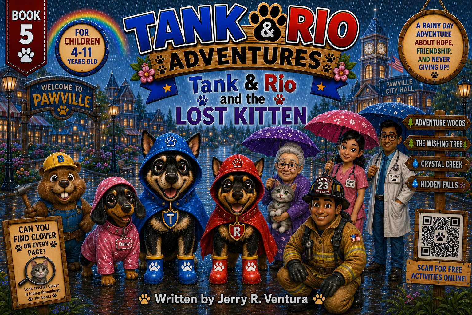 Book 5 cover — Tank & Rio and the Lost Kitten, rainy day adventure in Pawville with dogs and community helpers