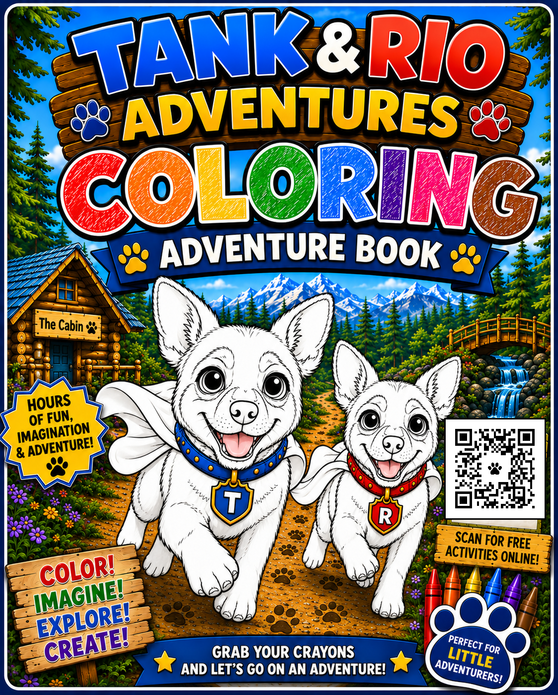 Tank & Rio Adventures Coloring Adventure Book cover featuring Tank and Rio in outline style ready to color