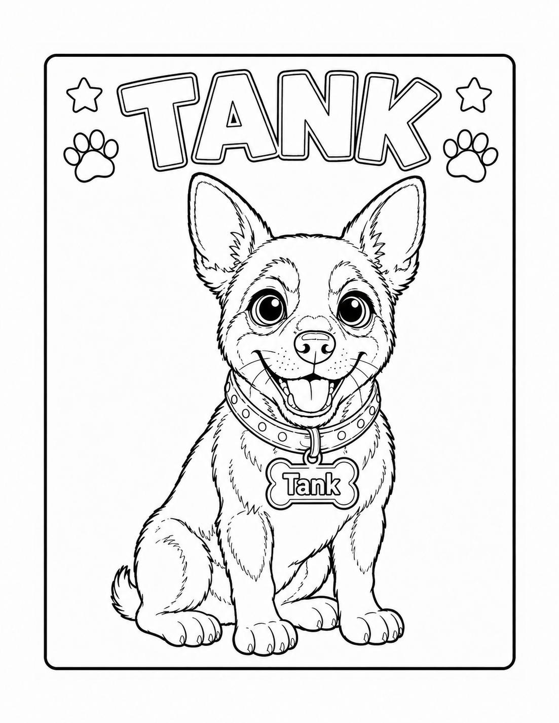 Tank coloring page — chihuahua adventure dog with collar and name tag