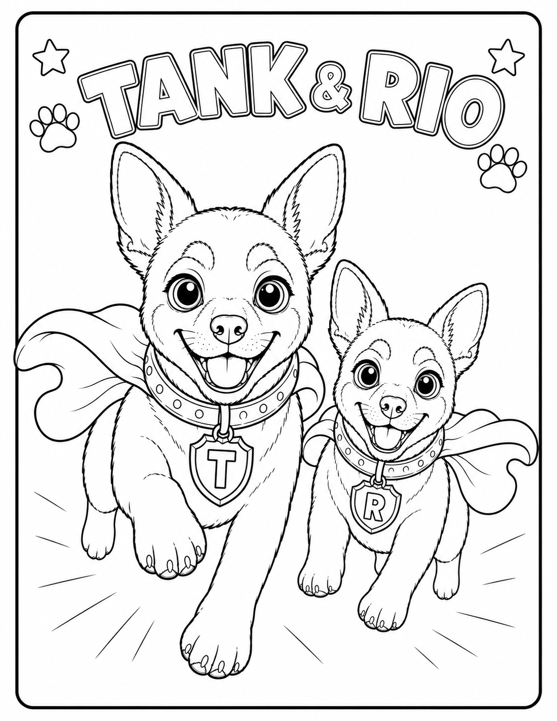 Tank and Rio coloring page — two chihuahua adventure heroes with capes